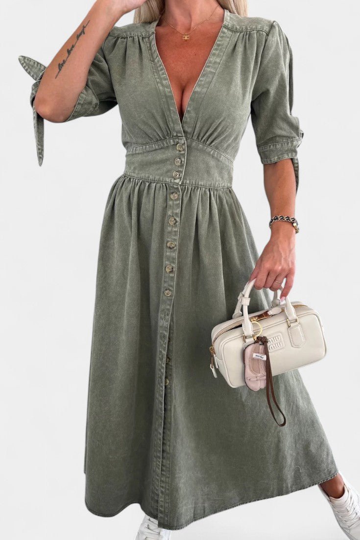 Adelina | V - Neck Button Midi Dress