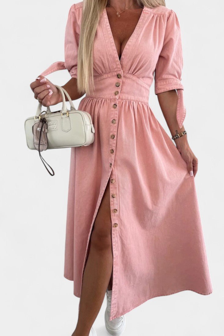 Adelina | V - Neck Button Midi Dress