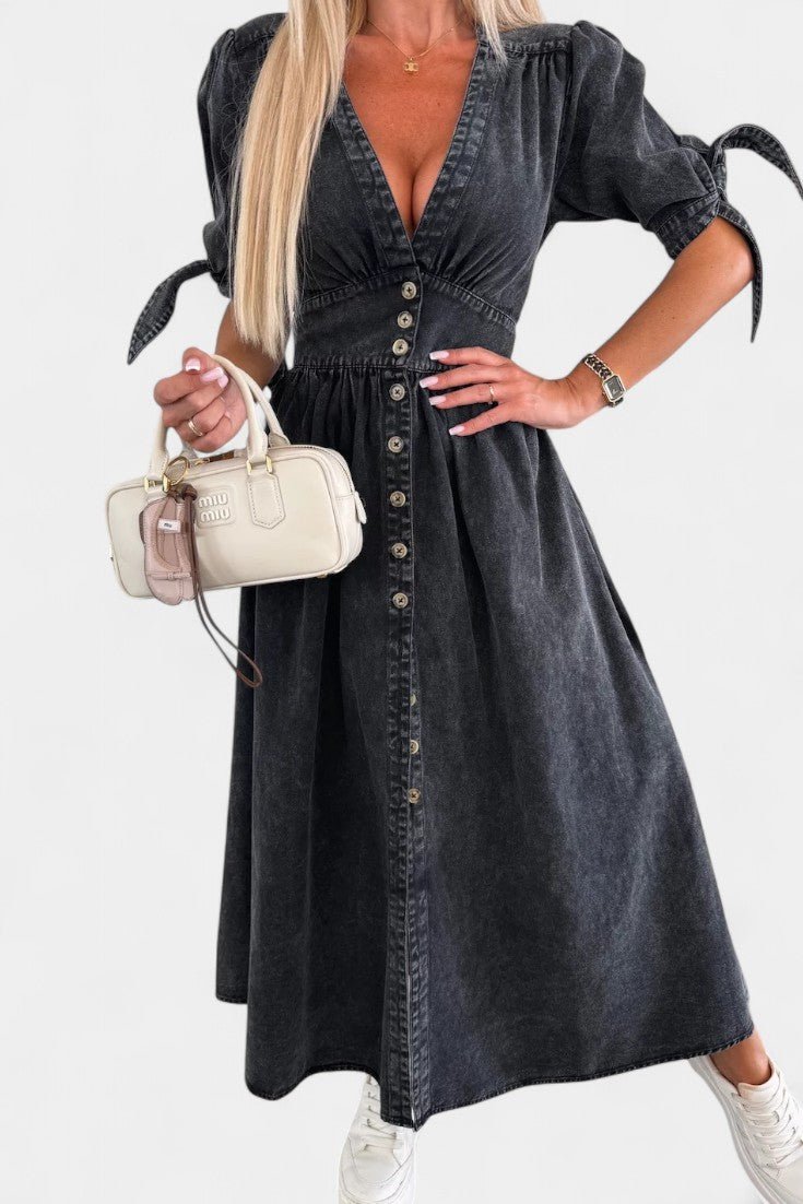 Adelina | V - Neck Button Midi Dress