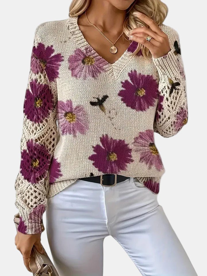 Amelie | Elegant Floral V - Neck Sweater