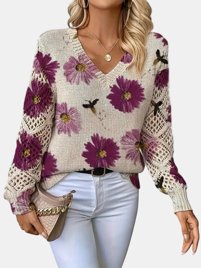 Amelie | Elegant Floral V - Neck Sweater