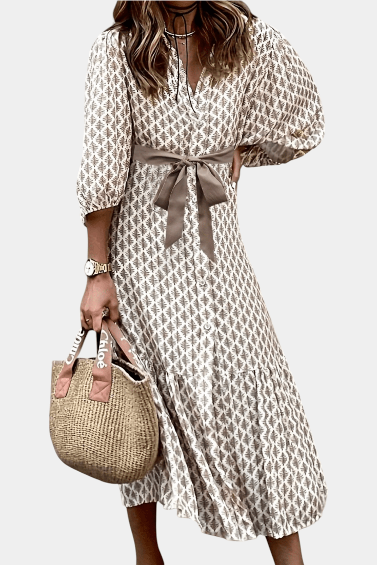 Antonia | Button - Front Tie - Waist Midi Dress