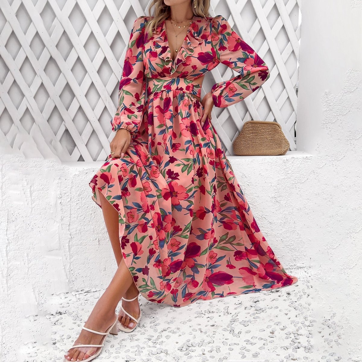 Célestine™ | Long Printed Dress with Lantern Sleeves — Distinguished Floral Charm