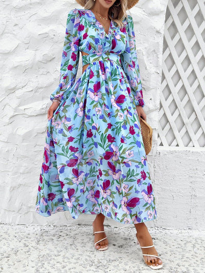 Célestine™ | Long Printed Dress with Lantern Sleeves — Distinguished Floral Charm