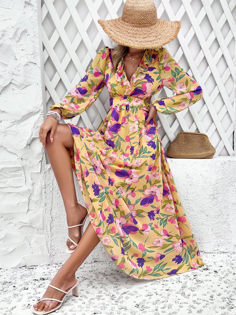 Célestine™ | Long Printed Dress with Lantern Sleeves — Distinguished Floral Charm