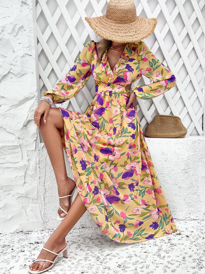 Célestine™ | Long Printed Dress with Lantern Sleeves — Distinguished Floral Charm