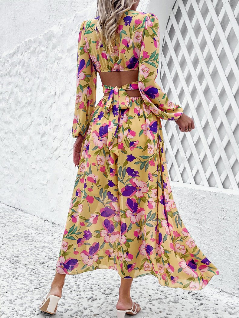 Célestine™ | Long Printed Dress with Lantern Sleeves — Distinguished Floral Charm