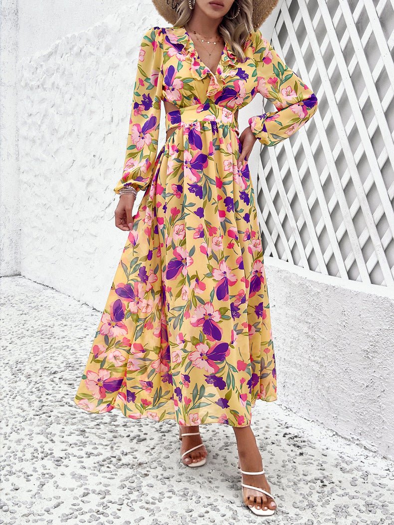 Célestine™ | Long Printed Dress with Lantern Sleeves — Distinguished Floral Charm