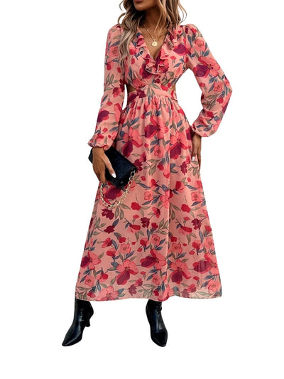 Célestine™ | Long Printed Dress with Lantern Sleeves — Distinguished Floral Charm