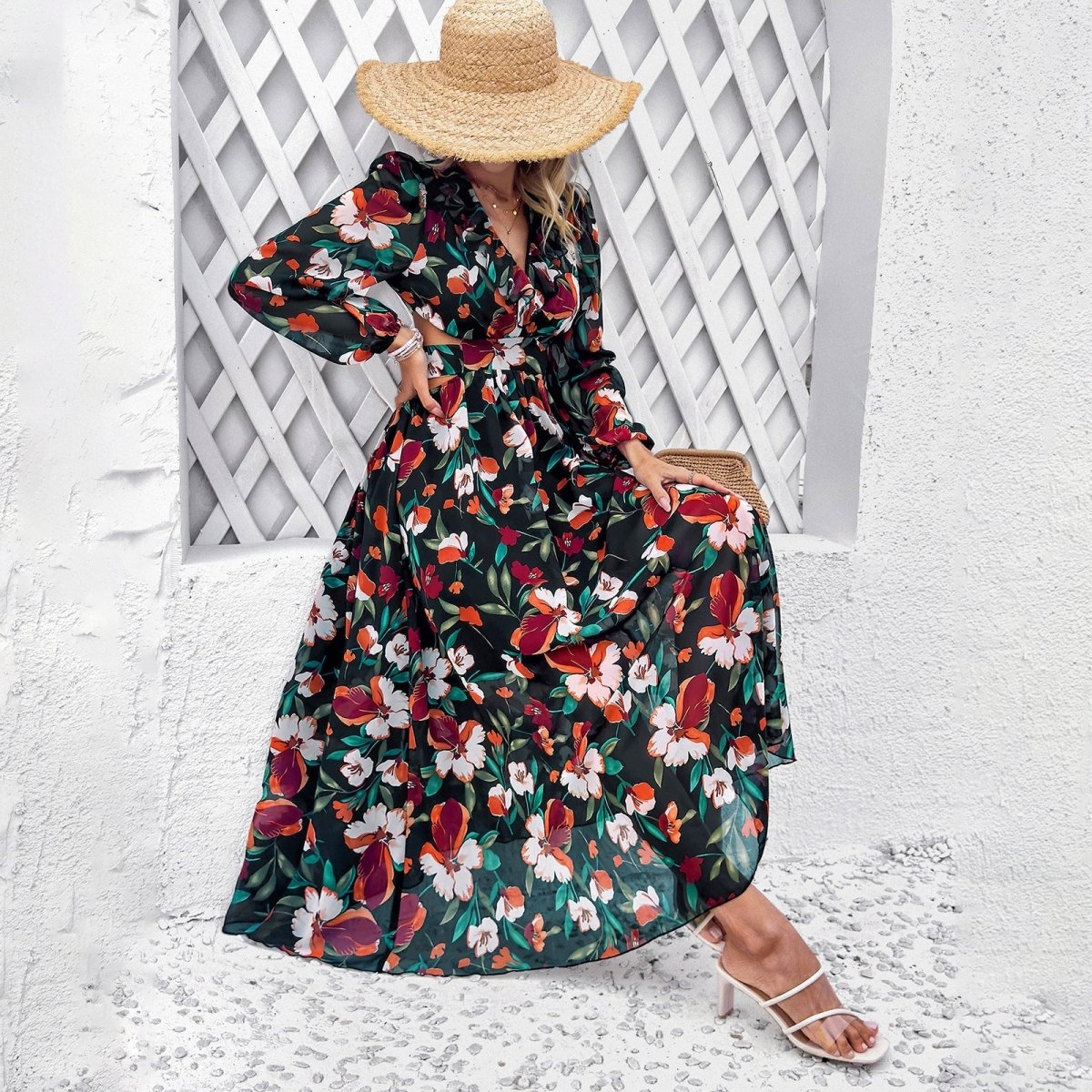 Célestine™ | Long Printed Dress with Lantern Sleeves — Distinguished Floral Charm