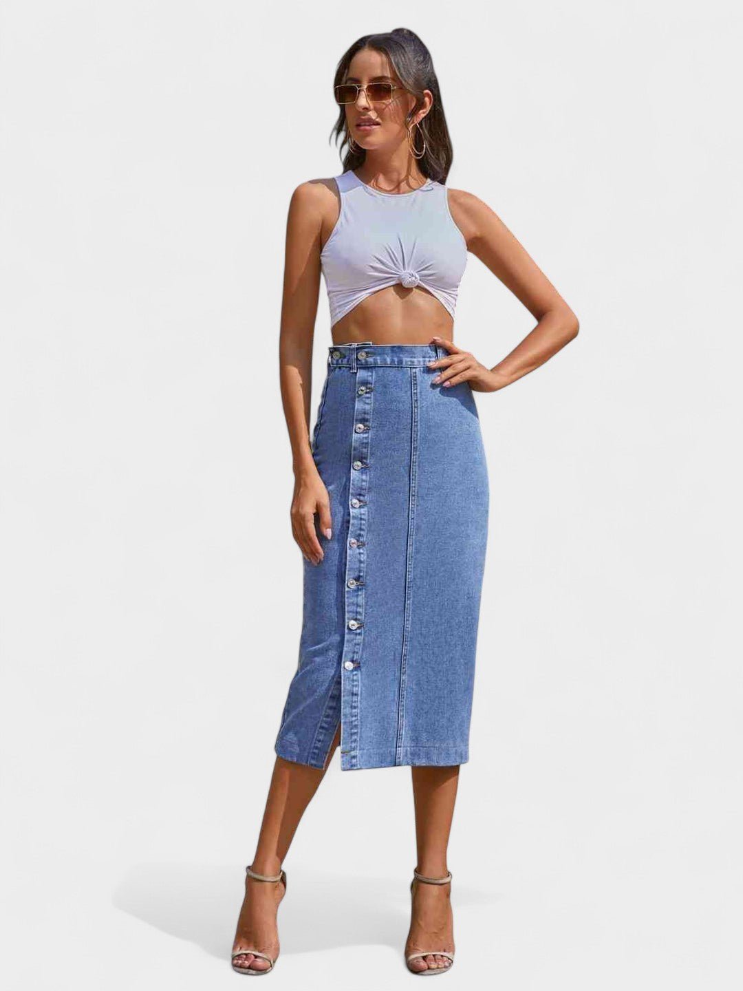 Elodie | Button-Front Cotton Blend Skirt