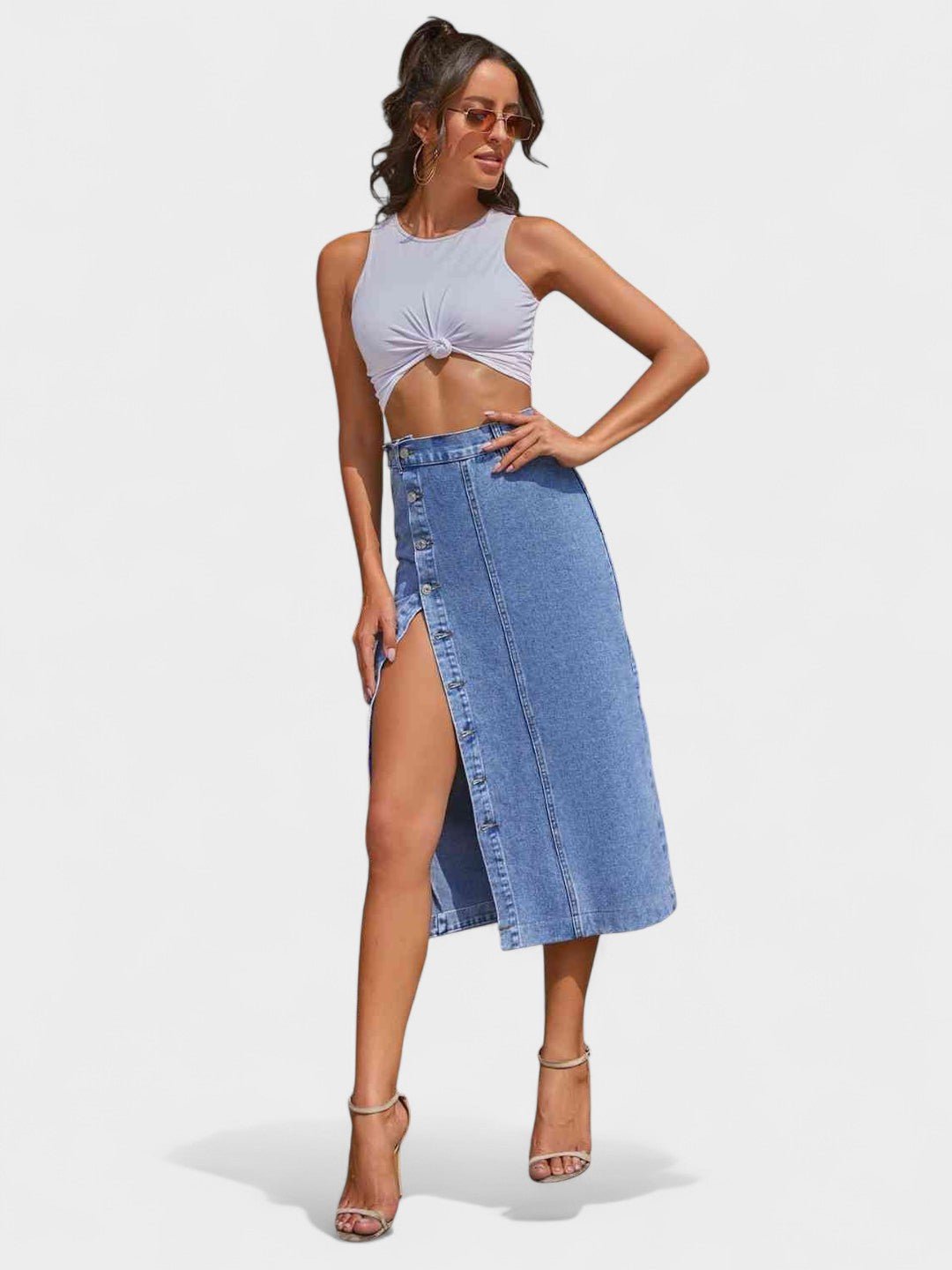 Elodie | Button-Front Cotton Blend Skirt