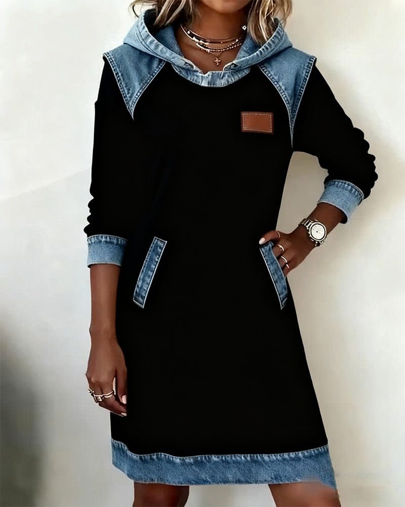 Hooded Dress with Denim Inserts