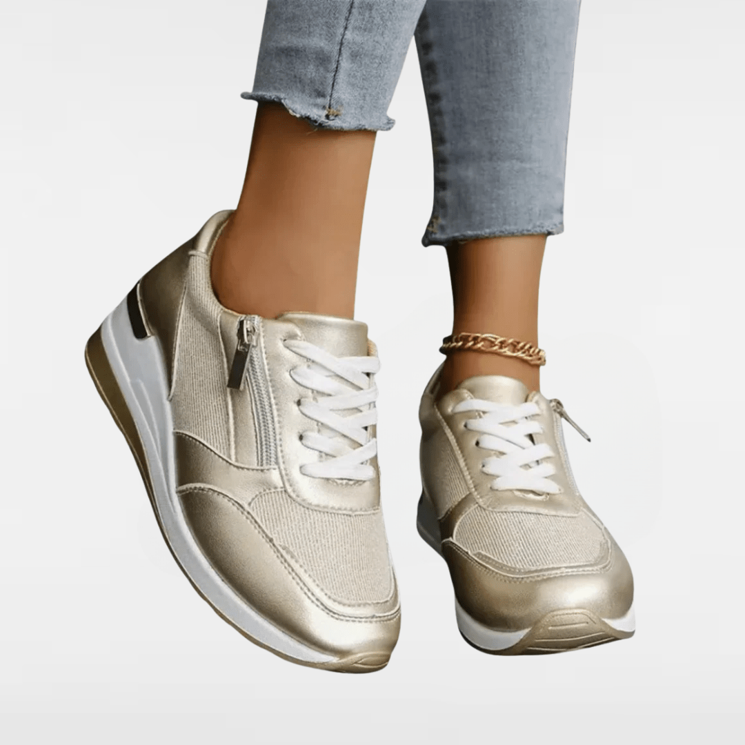 Jenny | Lace - Up Side - Zip Fashion Sneakers in Sparkly Silver and Gold