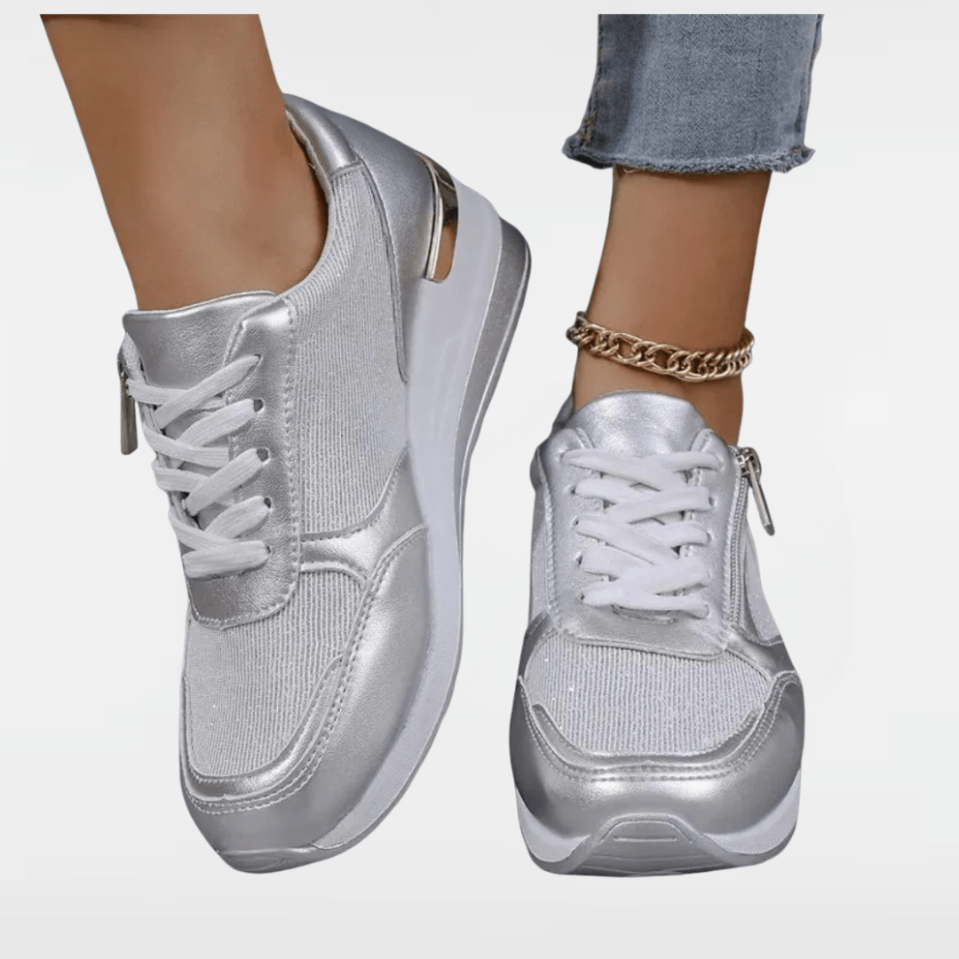 Jenny | Lace - Up Side - Zip Fashion Sneakers in Sparkly Silver and Gold