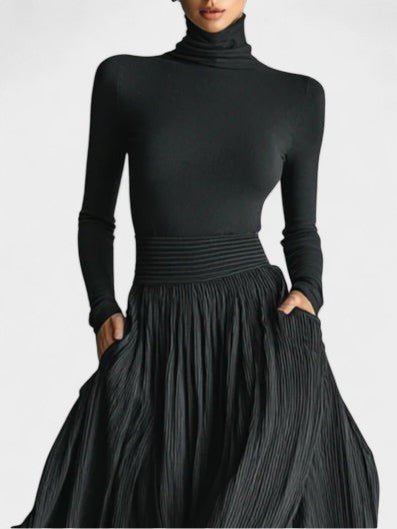 Mary | All Black Turtleneck & Pleated Skirt Set