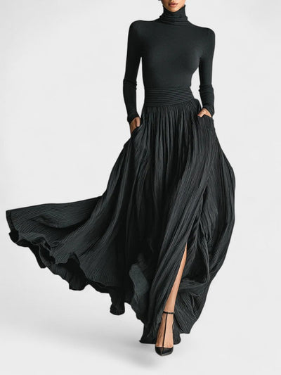 Mary | All Black Turtleneck & Pleated Skirt Set