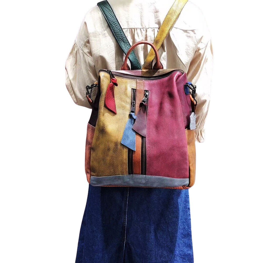Multicolored Women's Leather Zipper Backpack