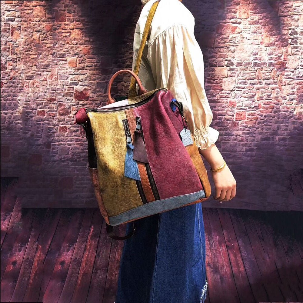 Multicolored Women's Leather Zipper Backpack