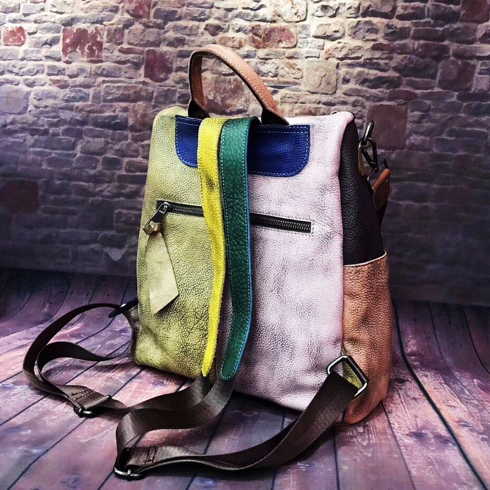 Multicolored Women's Leather Zipper Backpack