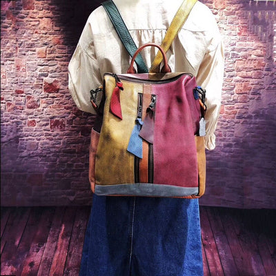 Multicolored Women's Leather Zipper Backpack