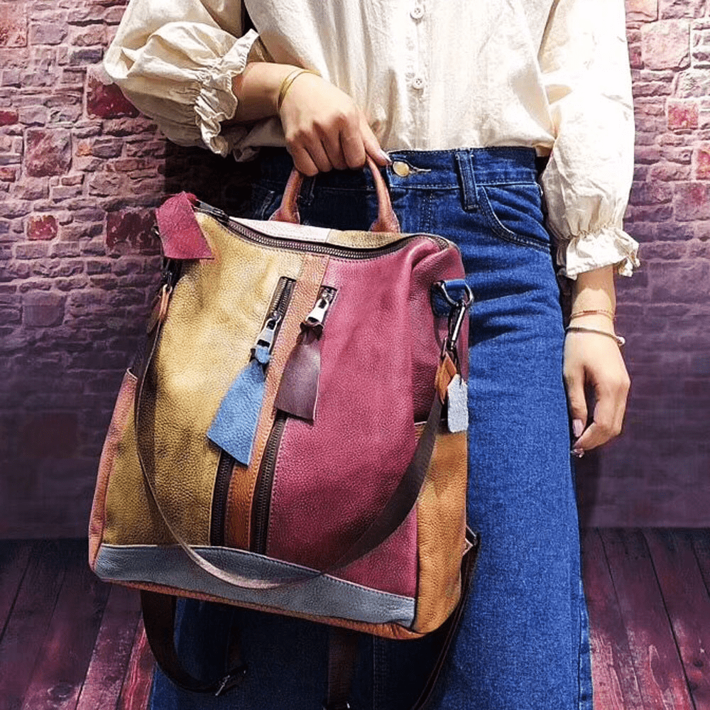 Multicolored Women's Leather Zipper Backpack