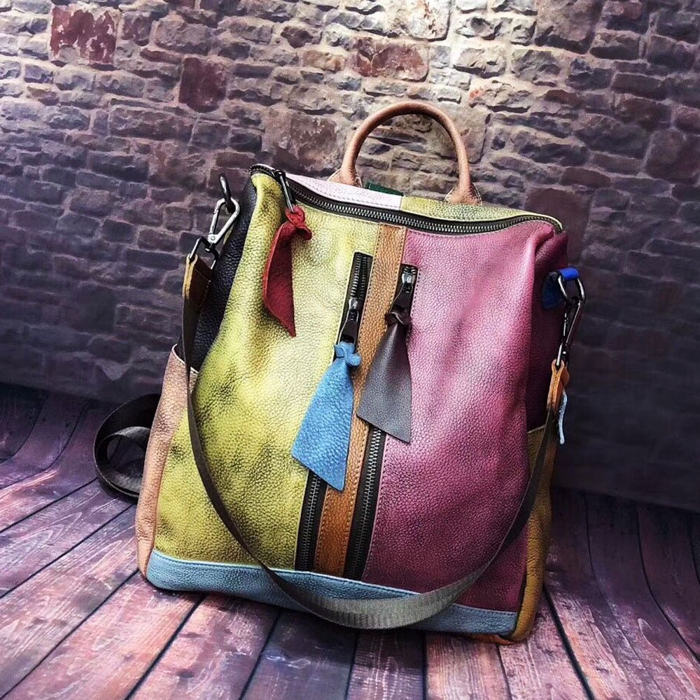 Multicolored Women's Leather Zipper Backpack