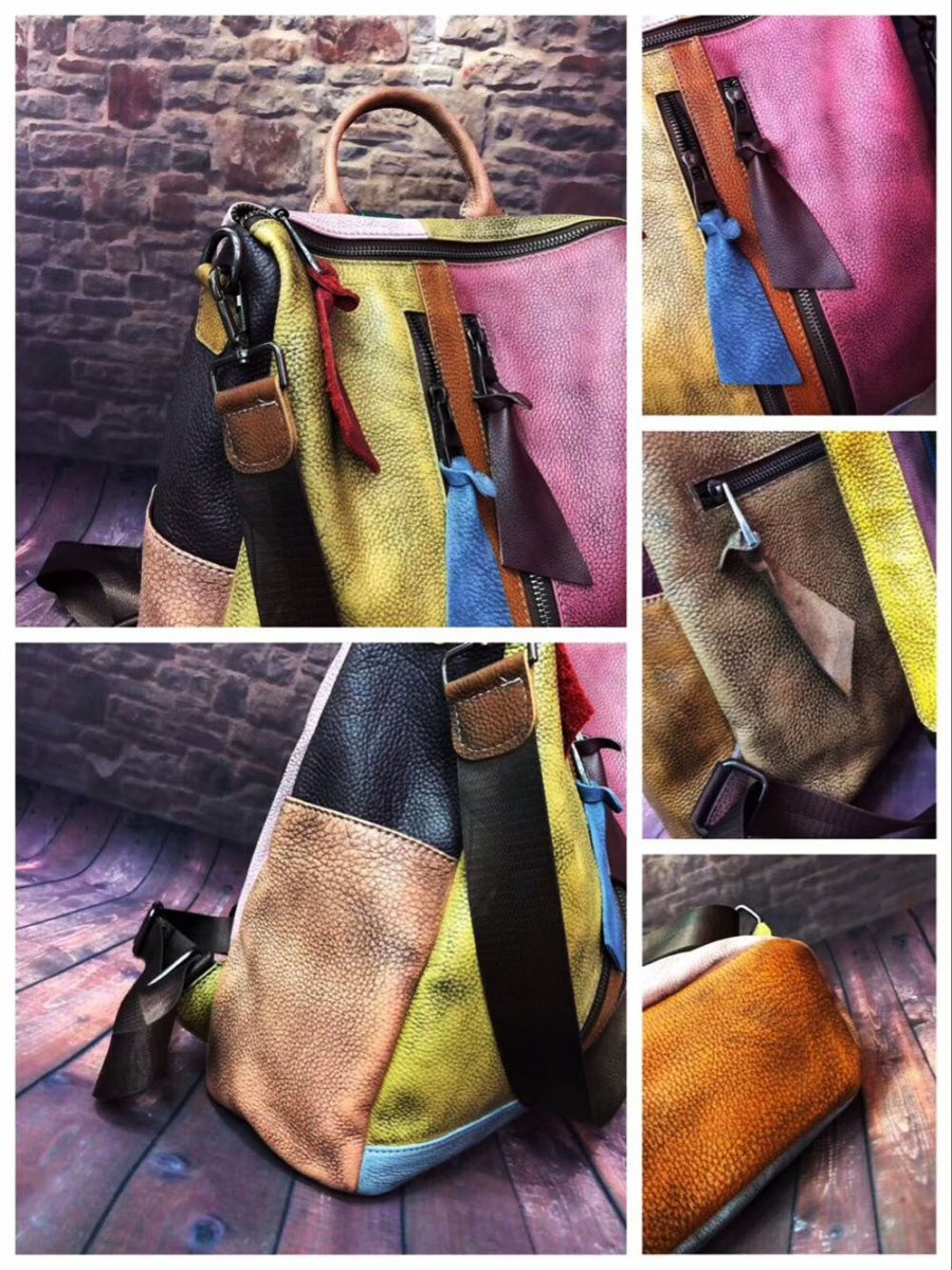 Multicolored Women's Leather Zipper Backpack