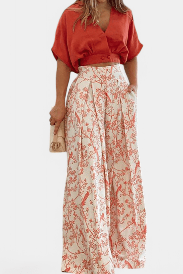 Olivia | V - Neck Top & Wide - Leg Trousers Set