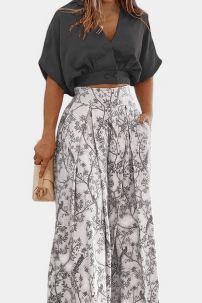 Olivia | V - Neck Top & Wide - Leg Trousers Set