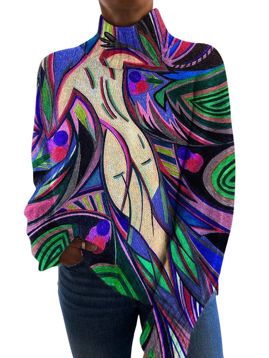Retro Abstract White Nude Printed Turtleneck Sweater