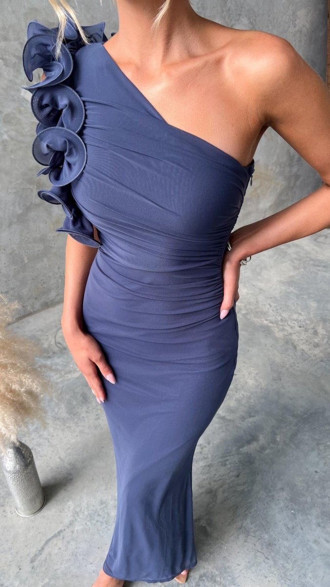 Serina | One - Shoulder Ruffle Mesh Maxi Dress