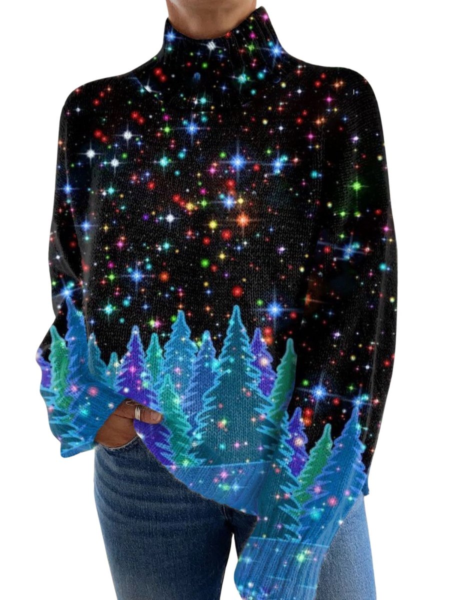 Shiny Knit Sweater with High Collar for Christmas