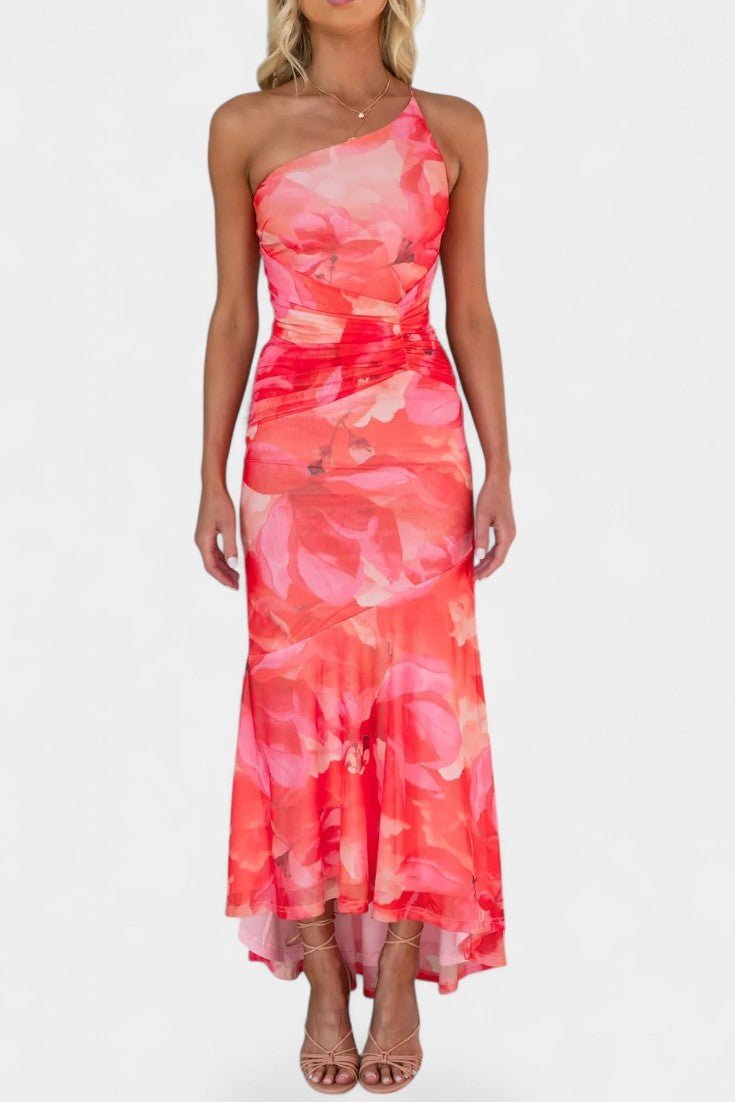 Solene | One - Shoulder Floral Ruched Midi Dress