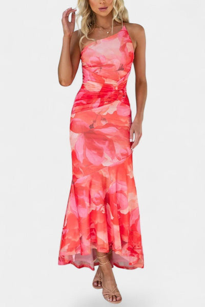 Solene | One - Shoulder Floral Ruched Midi Dress