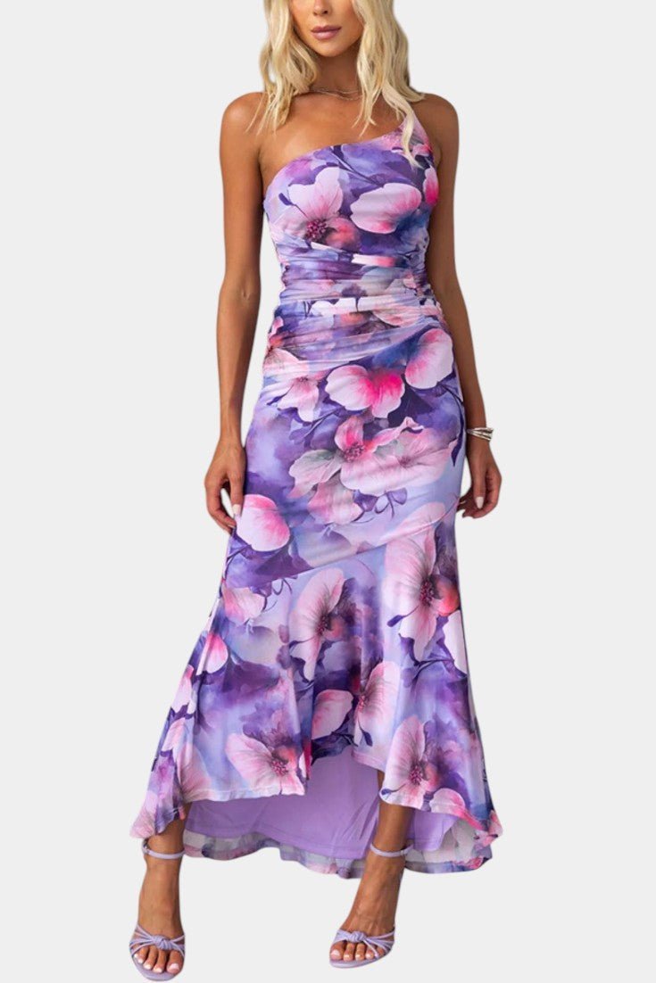 Solene | One - Shoulder Floral Ruched Midi Dress