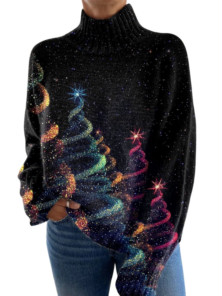 Sweater with Glitter Christmas Tree Print