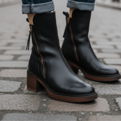 Valorine | Black leather boots with a comfortable heel