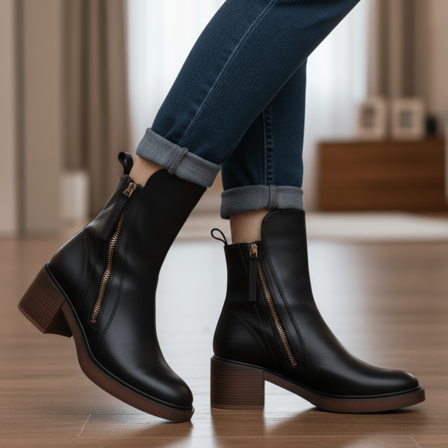 Valorine | Black leather boots with a comfortable heel