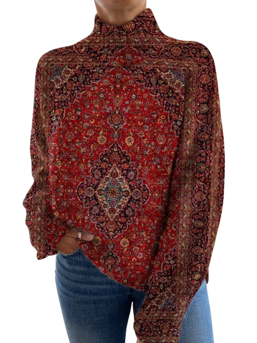 Vintage Art Print Knit Turtleneck Pullover Sweater