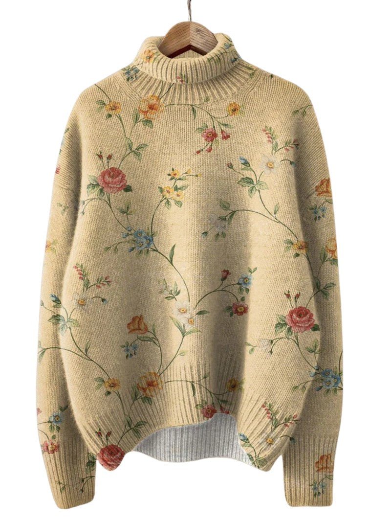 Vintage Charming Floral Pattern Turtleneck Sweater