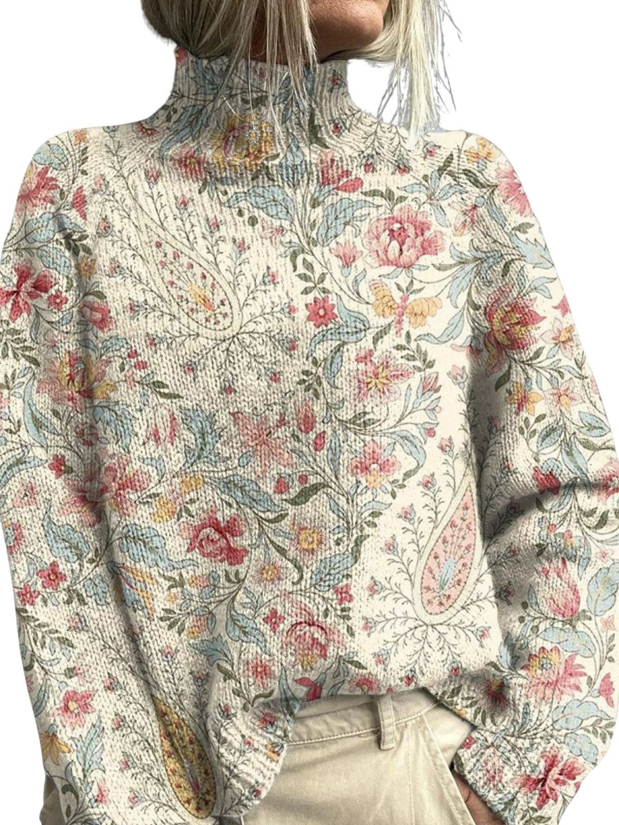Vintage paisley flower pattern knit turtleneck