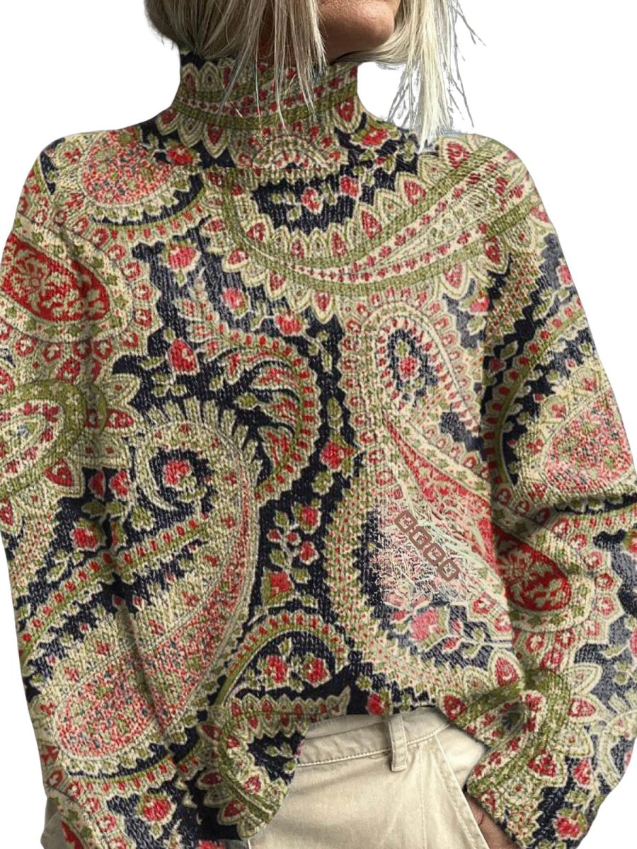 Vintage Woman Cute Floral Pattern Knit Turtleneck Sweater