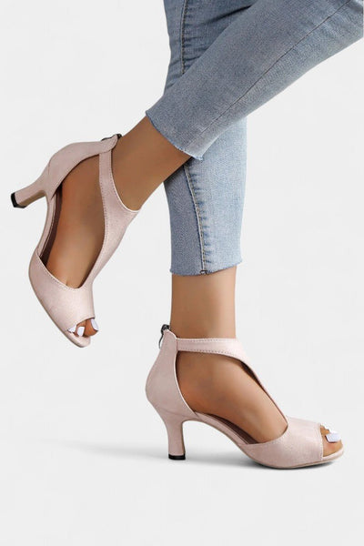 Violy | T - Strap Peep Toe Mid - Heel Sandals