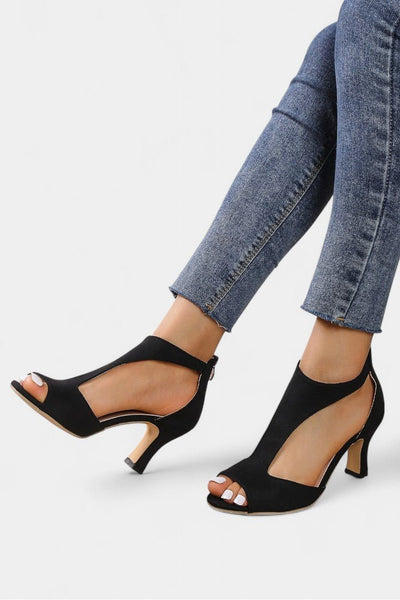 Violy | T - Strap Peep Toe Mid - Heel Sandals