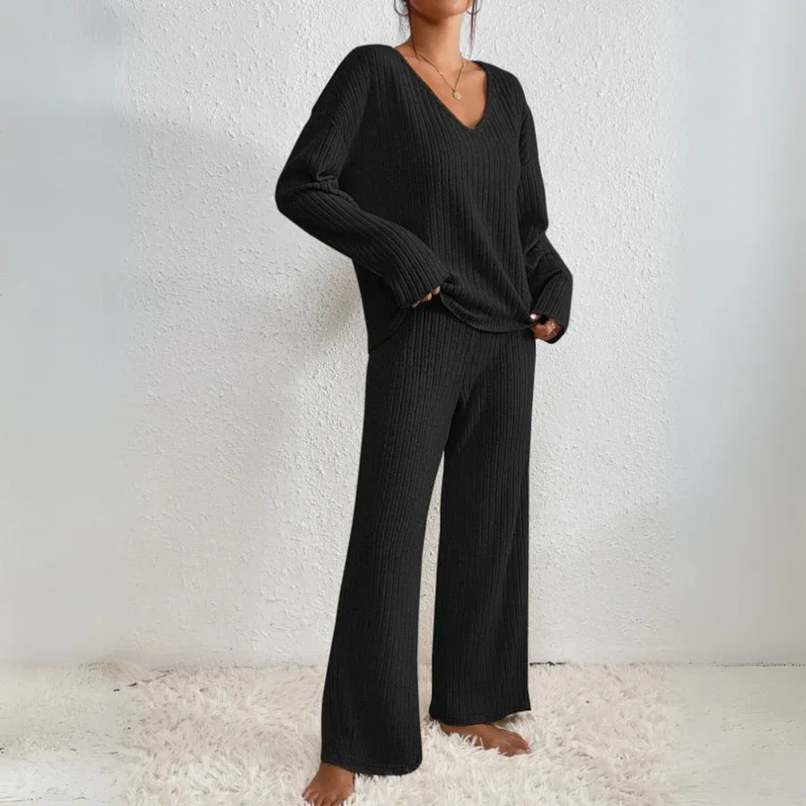 VIVIENNE | Two - Piece Set with Straight Pants and V - Neck Top