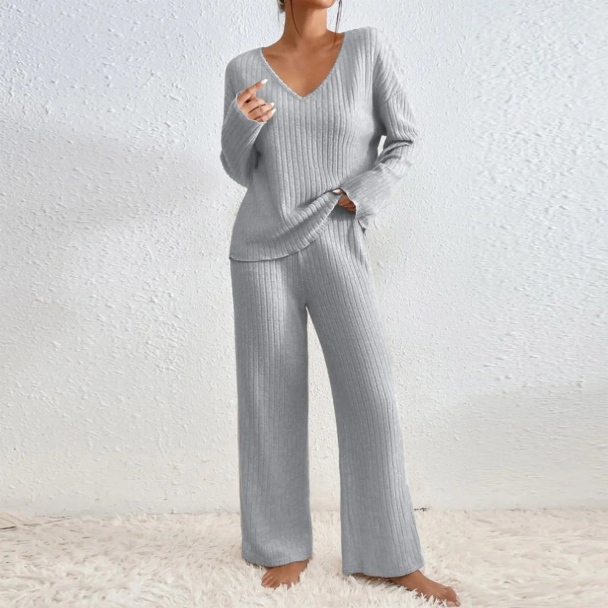 VIVIENNE | Two - Piece Set with Straight Pants and V - Neck Top