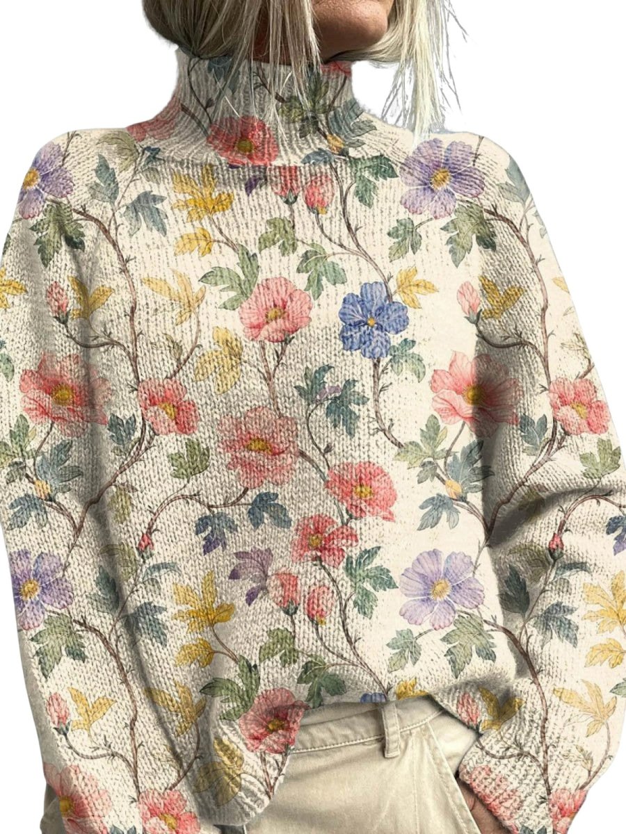 Women's Charming Sweater with Floral Pattern and Turtleneck