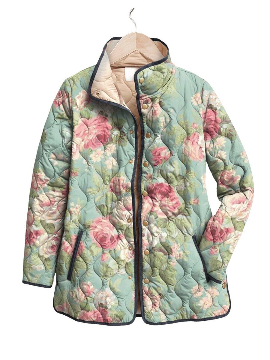 Women's Quilted Jacket with Retro Floral Pattern