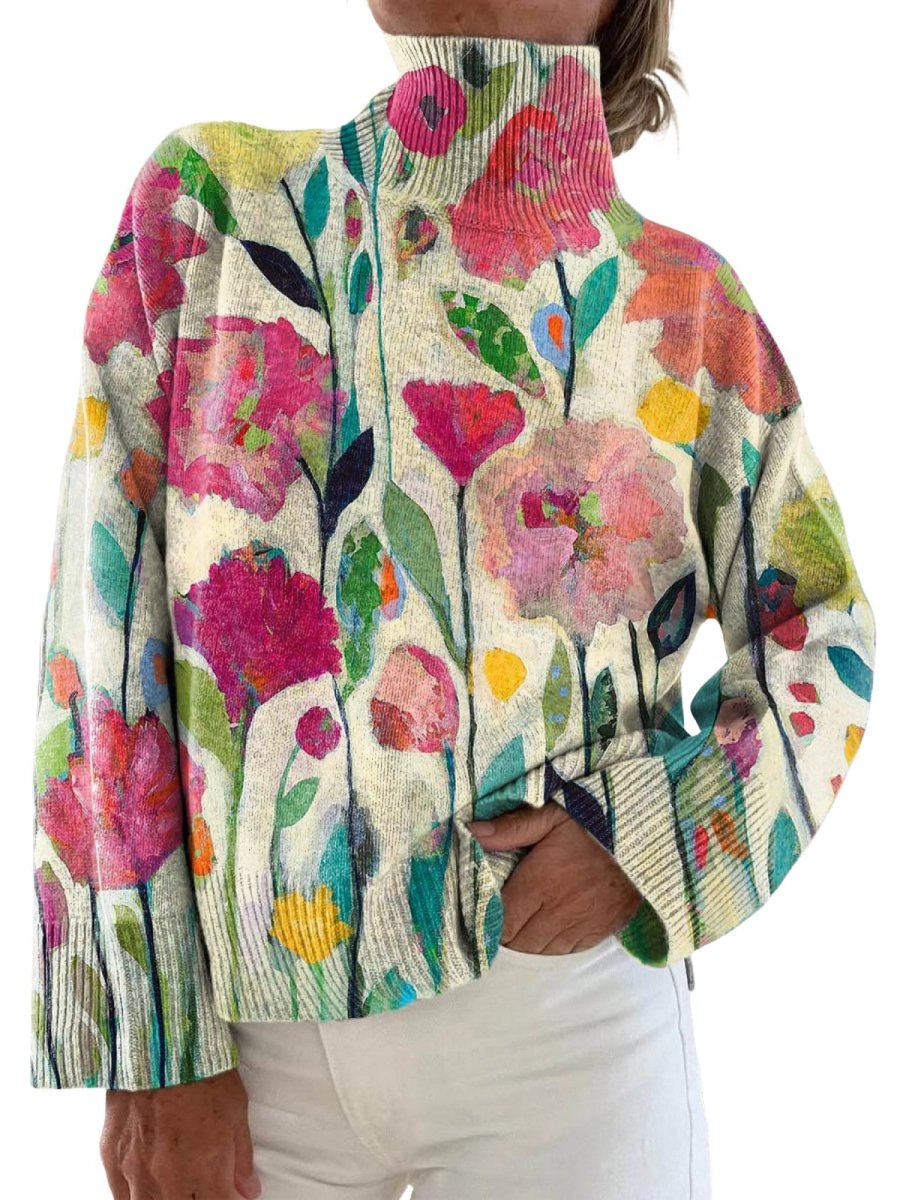 Women's Vintage Cute Floral Art Print Turtleneck Sweater